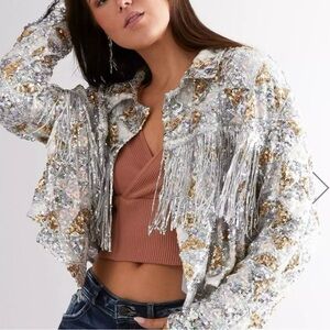 Large Miss Me Fringe Sequin Sparkle Button Crop Jacket Womens Silver Gold